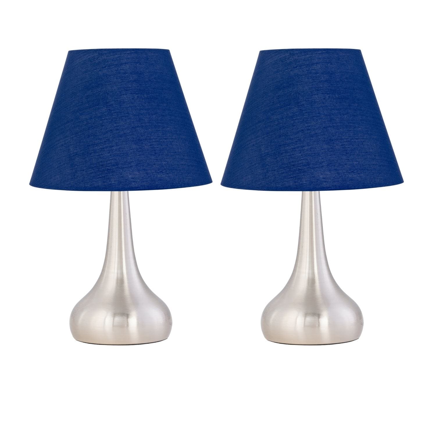 First Choice Lighting Set of 2 Romana - Brushed Chrome Touch Lamps with Navy Blue Shades in Silver