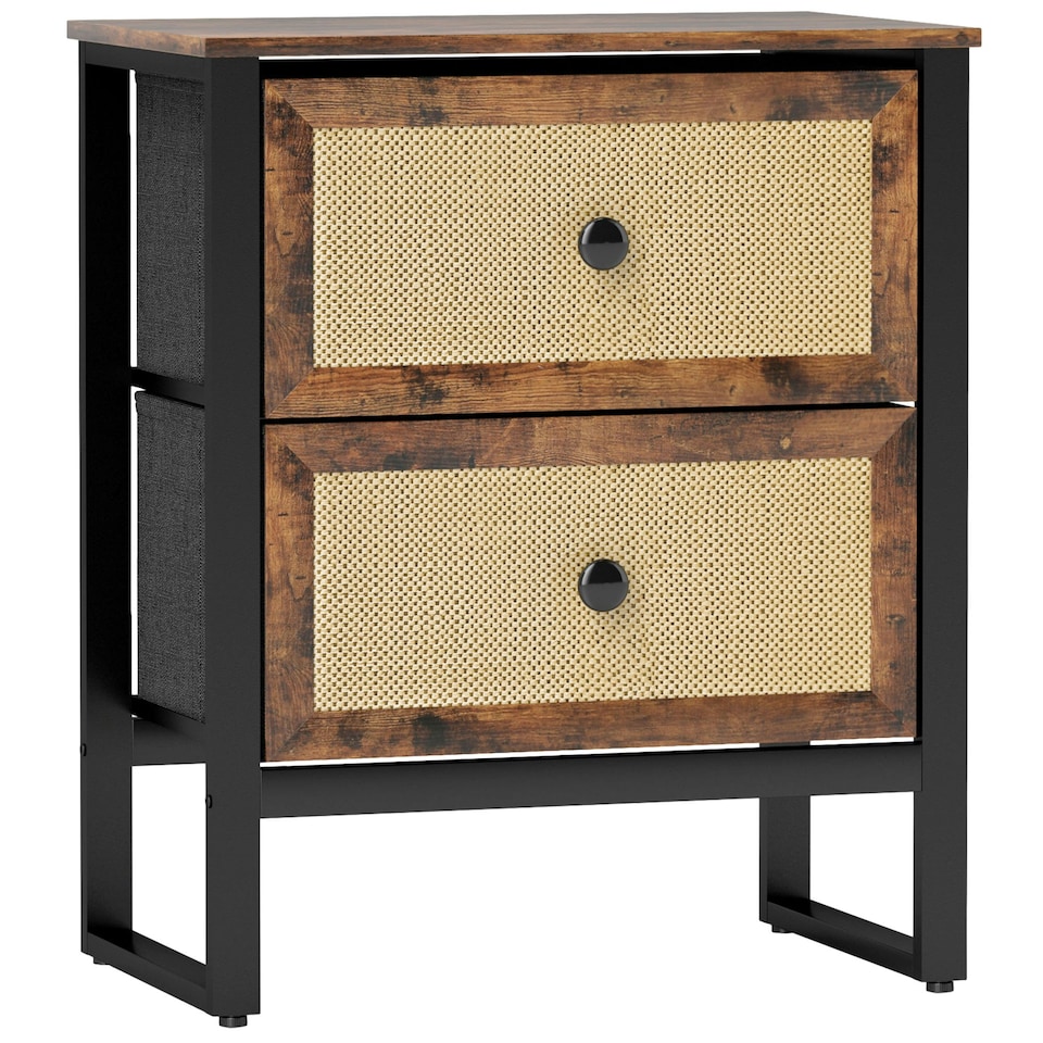 image 1 of HOMCOM Bedside Table with 2 Rattan Drawers and Steel Legs, Rustic Brown
