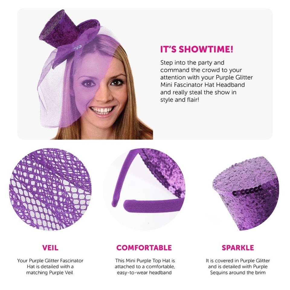 image 1 of Pack of 1 Mini Purple Glitter Fascinator Top Hat Purple | One Size
