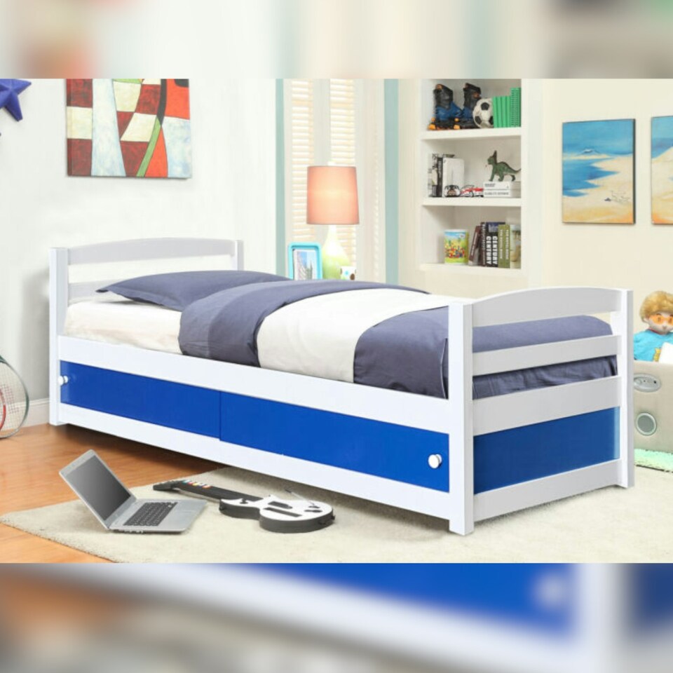 image 1 of 3ft Single Wooden Bed Frame In White With Blue Storage Drawers