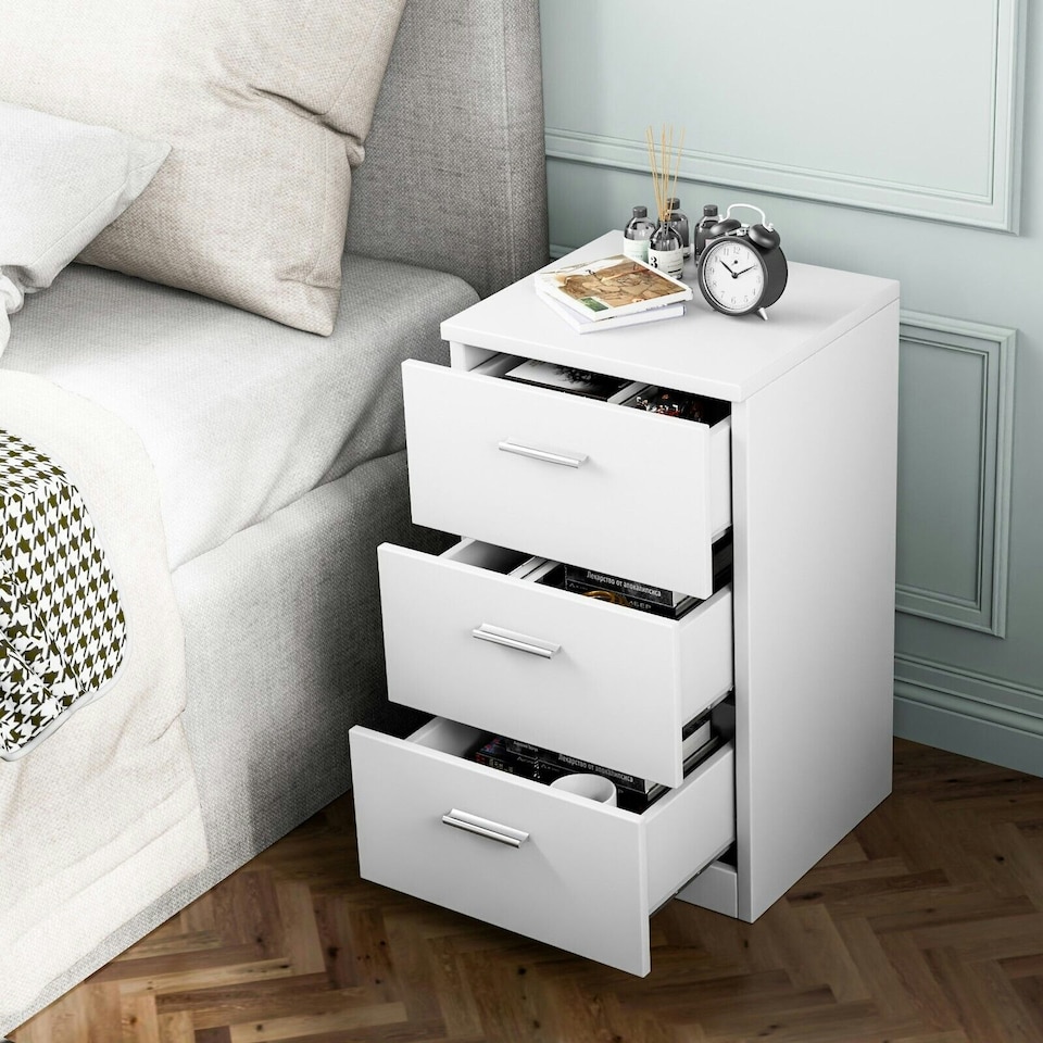 image 1 of COSTWAY Wooden Nightstand w/3 Drawers Space-saving End Table White