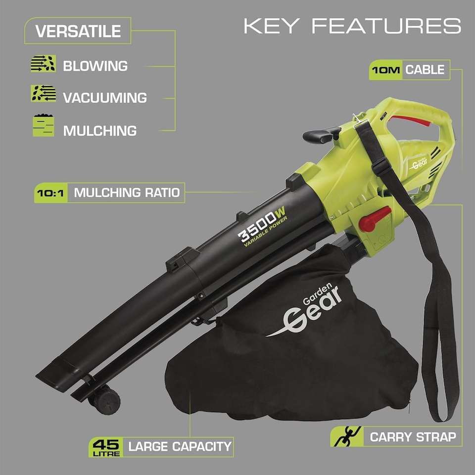 image 1 of Leaf Blower Vacuum & Shredder Mulcher, Electric 3 in 1, Variable Speed,  Large 45L Collection Bag,10m Cable, 3500W