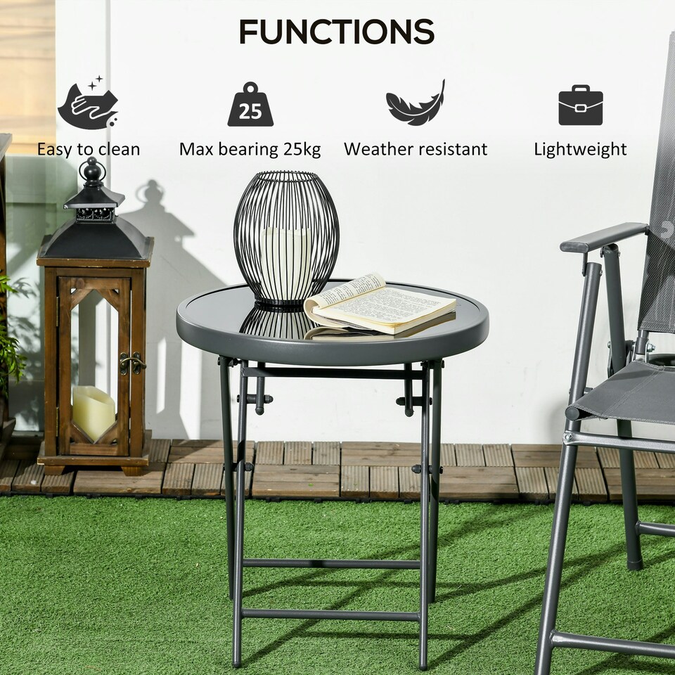 image 1 of Outsunny Round Folding Side Table w/ Imitation Marble Glass Top, Black