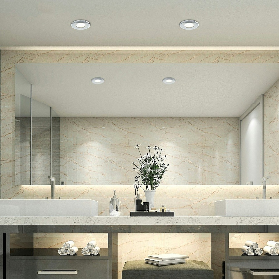 image 1 of ValueLights Pack of 4 Bathroom/Shower/Soffit IP65 Chrome Recessed Ceiling Downlights - Complete with 5w LED Bulbs 3000K Warm White | Chrome