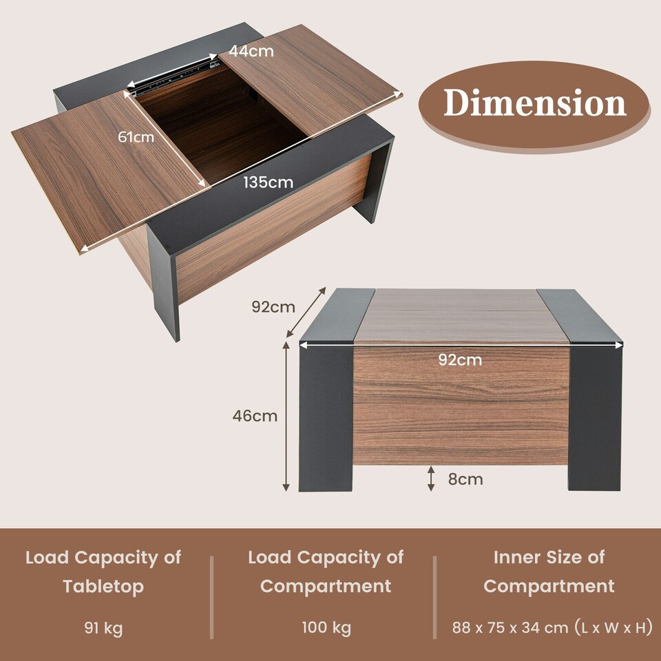 image 1 of COSTWAY Coffee Table w/Sliding Top Extendable Cocktail TeaTable Brown