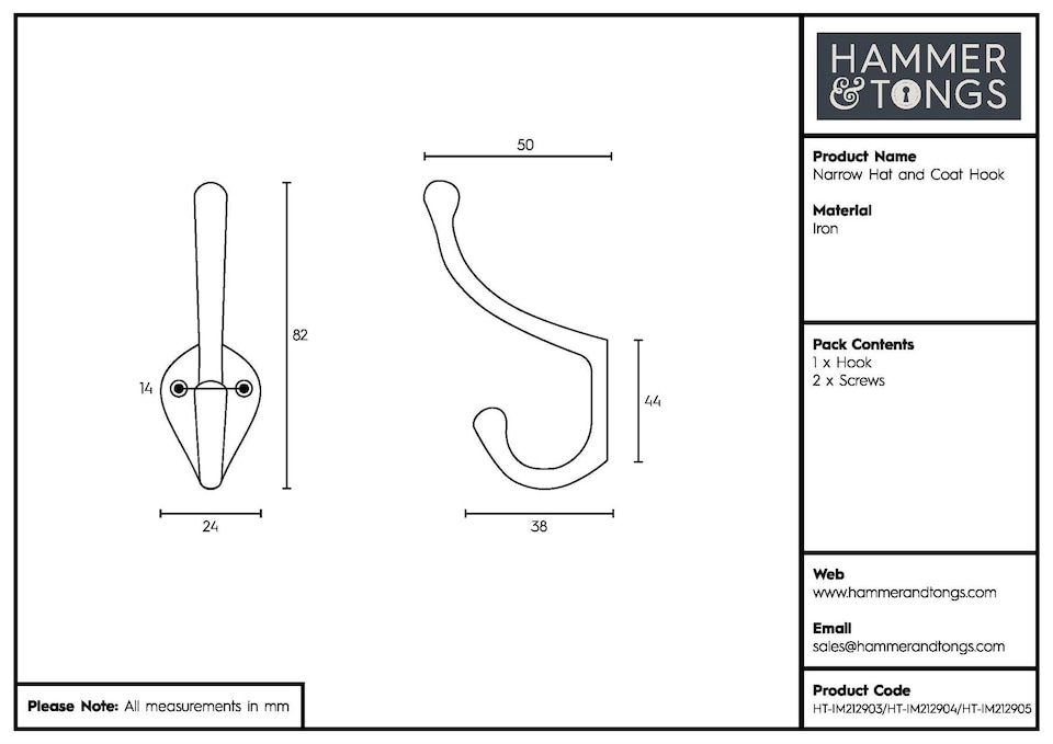 image 1 of Hammer & Tongs Narrow Hat & Coat Hook - W25mm x H80mm - Brass