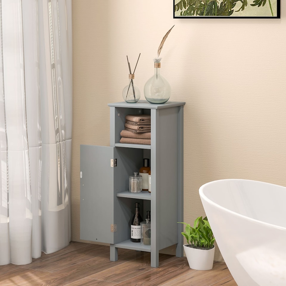 image 1 of COSTWAY Bathroom Floor Cabinet Narrow Storage Organizer | Grey | 1