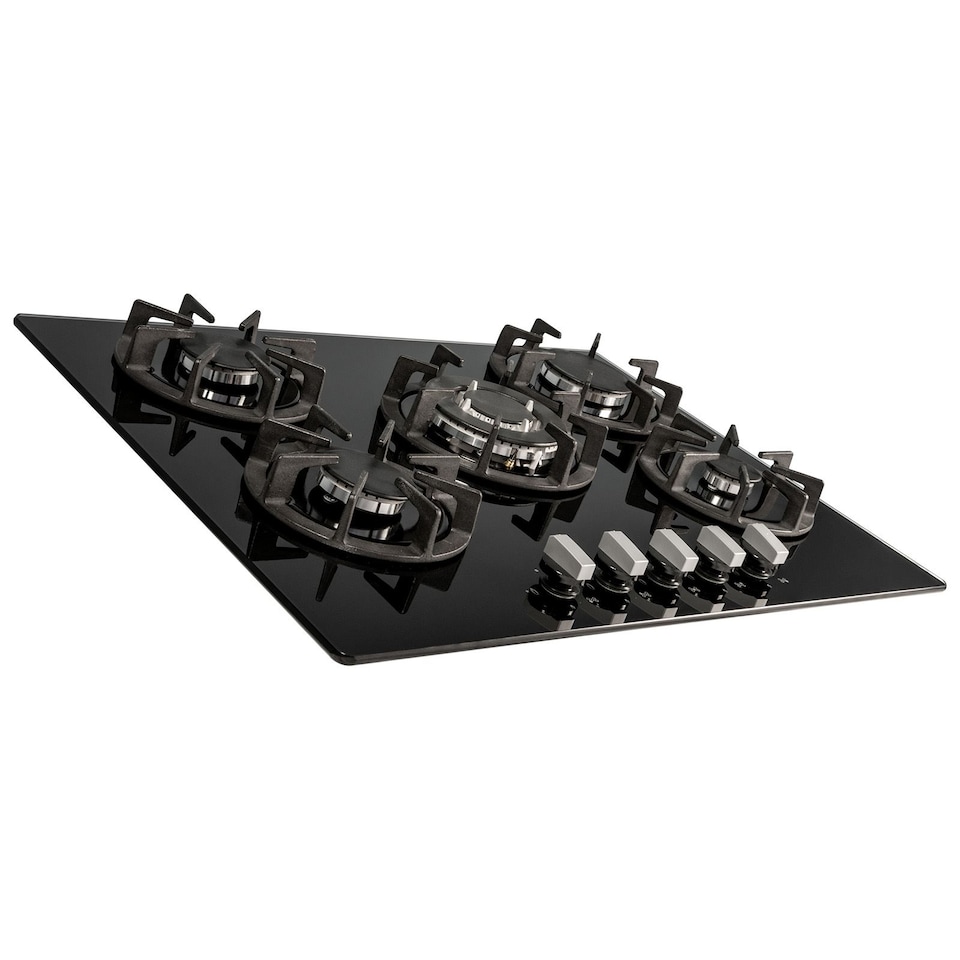 image 1 of SIA R8 70cm Black 5 Burner Gas On Glass Hob With Cast Iron Pan Stands