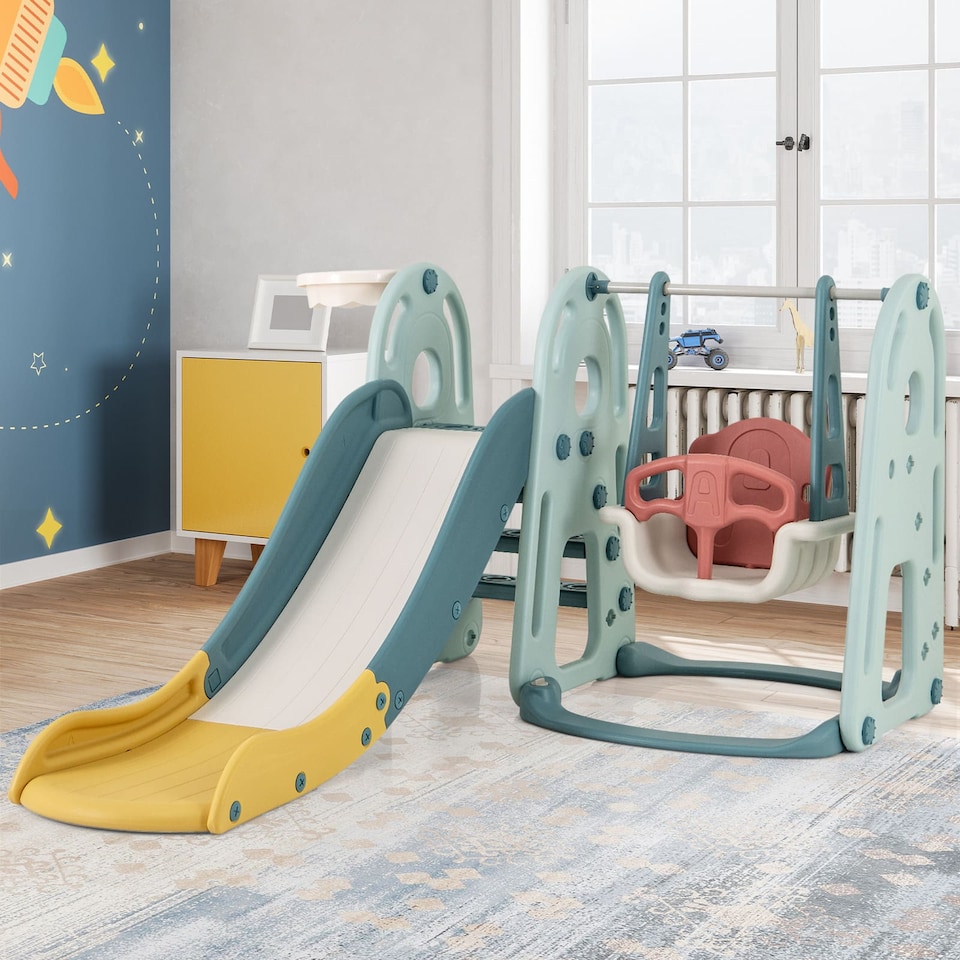 image 1 of COSTWAY 4-in-1 Kids Slide and Swing Set Freestanding Baby Slide Playset