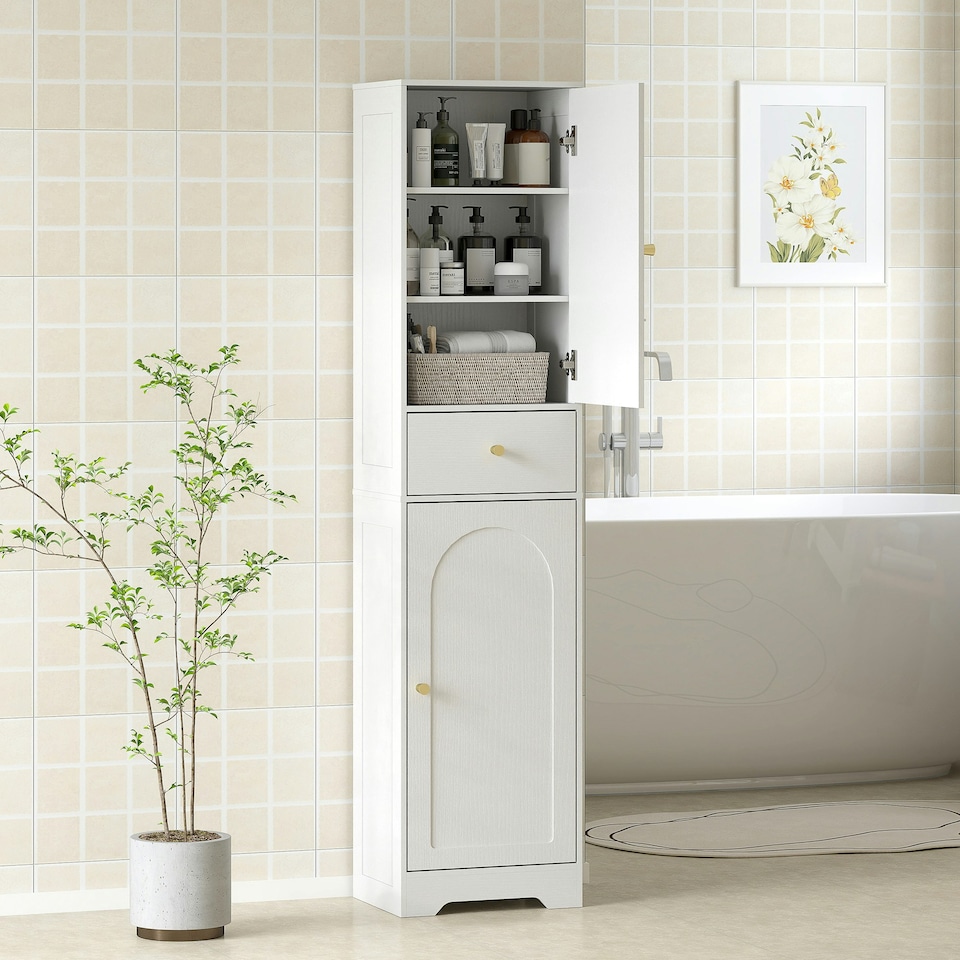 image 1 of HOMCOM Tall Bathroom Storage Cabinet with Arch Doors Adjustable Shelf White White