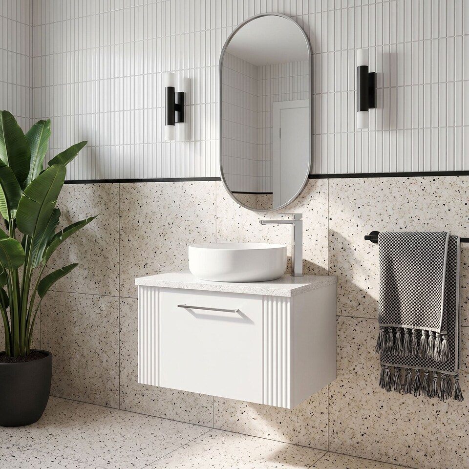 image 1 of Balterley Partial Fluted 1 Drawer Wall Hung Vanity Unit with Sparkling Laminate Worktop | White | Satin White