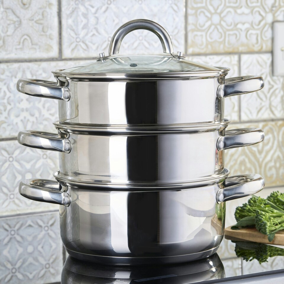 image 1 of Cooks Professional 3 Tier Stainless Steel Steamer Pan | Suitable for All Hobs Inc Induction | Dishwasher Safe | 22cm Diameter