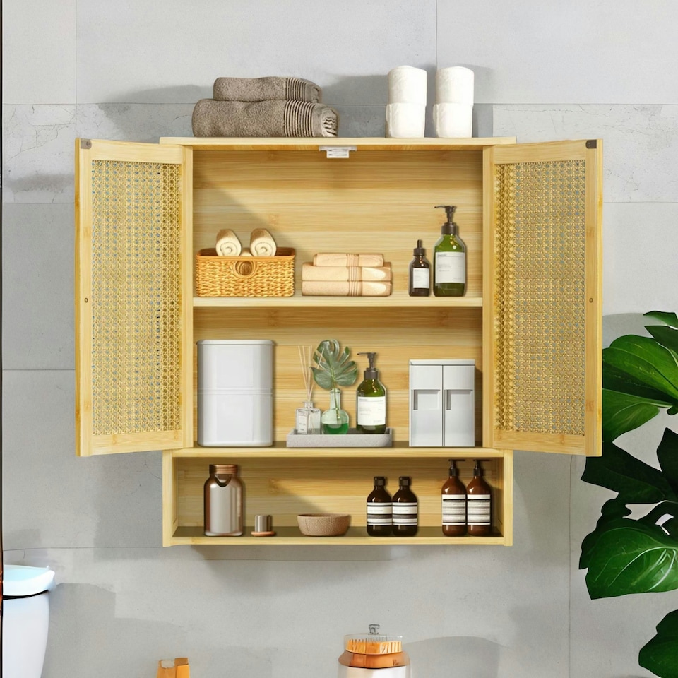 image 1 of Wooden Bathroom Wall-Mounted Storage Cabinet Organiser Natural Brown Brown