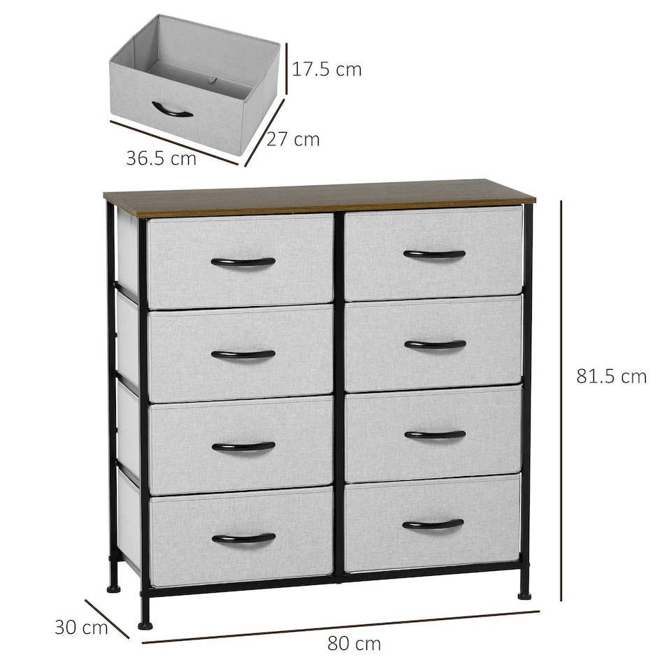 image 1 of HOMCOM 8 Drawer Fabric Chest of Drawers w/ Wooden Top for Hallway Grey