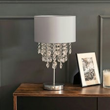 ValueLights Lulu Grey Fabric Table Lamp with Acrylic Jewel Droplet Drum Shade Bedside Lamp - Bulb Included