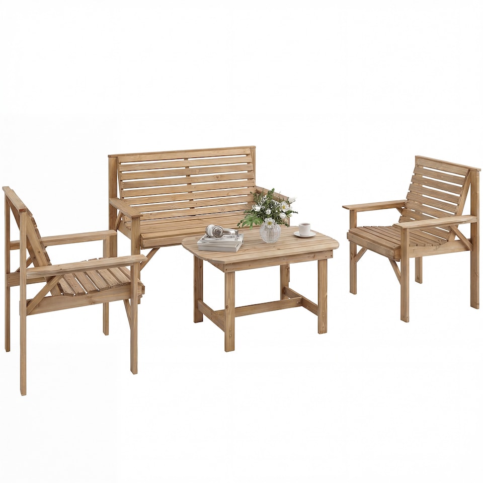 image 1 of Outsunny 4 Seater Garden Furniture Sofa Set with Curved Seat, Natural Wood | Brown | Natural wood finish | Four Seater