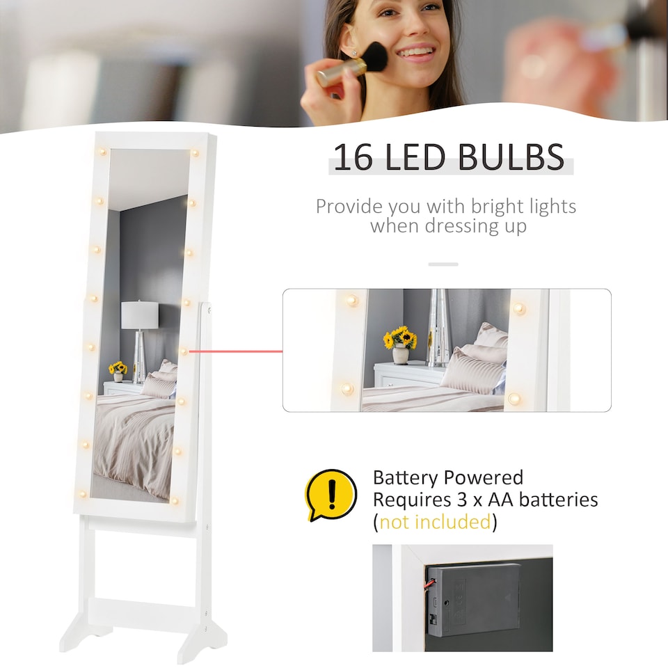 image 1 of HOMCOM Freestanding LED Full-Length Mirrored Jewelry Cabinet Warm White