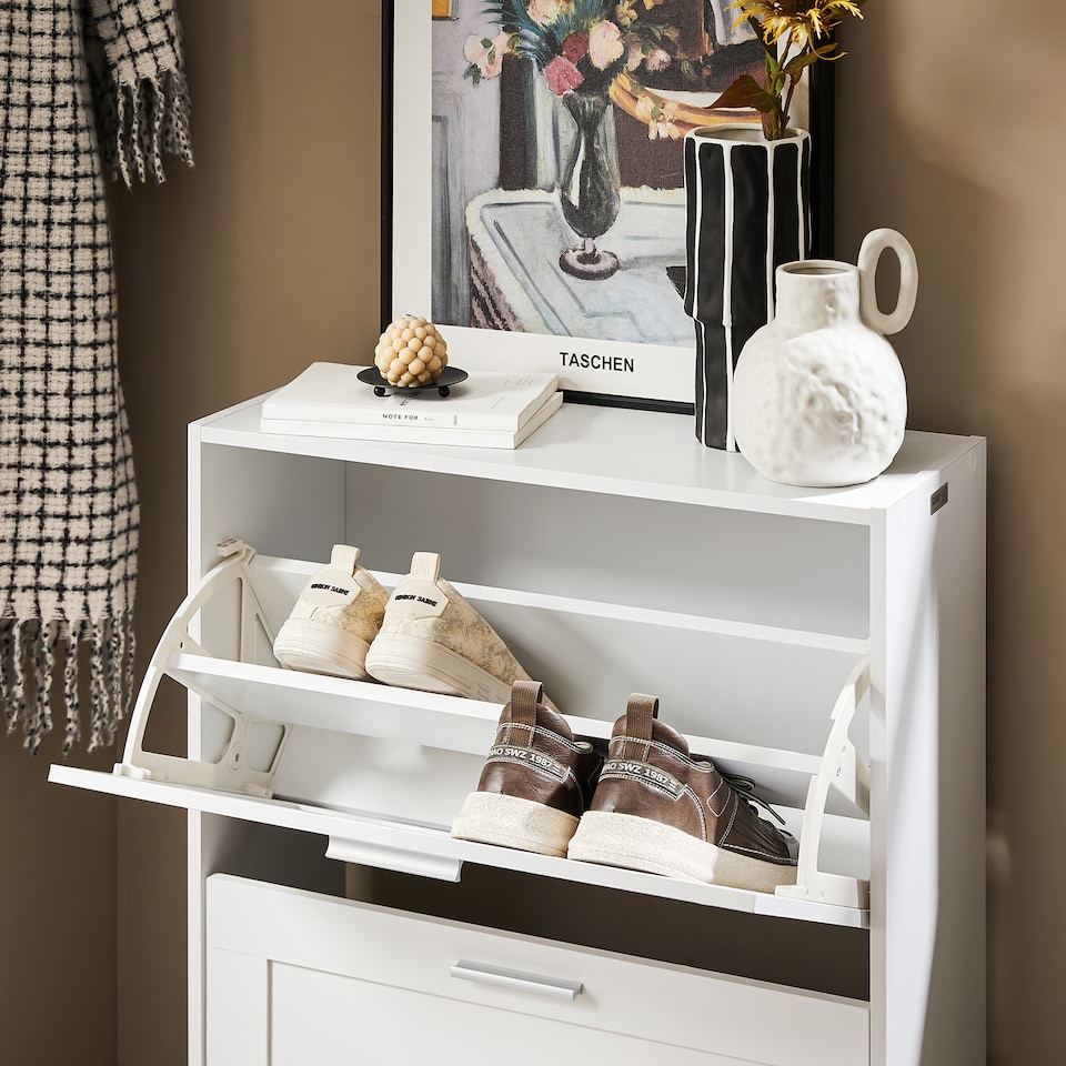 image 1 of SoBuy Narrow 2 Flip-Door Shoe Cabinet, White, 23.6x9.8x31.5 inches, 12.22 kg - FSR137-W