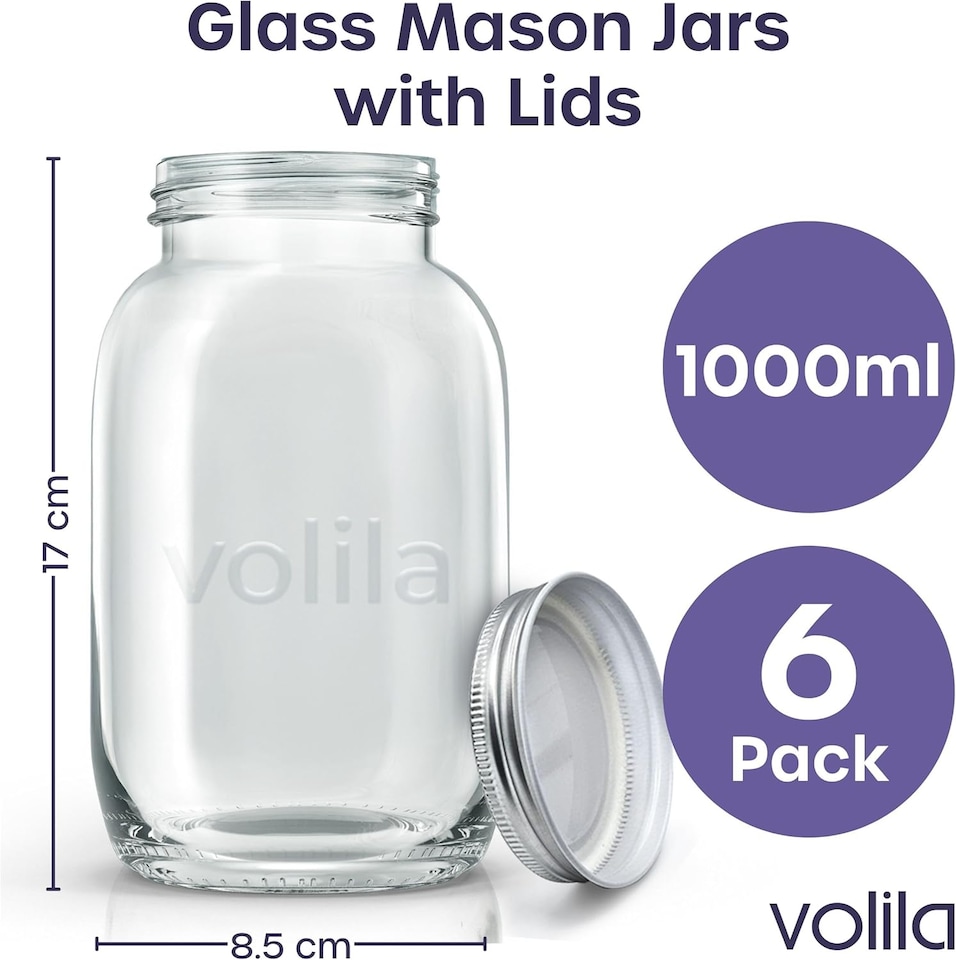 image 1 of 1L Mason Jar - Leakproof Glass Jar with Airtight Lid, Labels, Chalk Pen & Cleaning Brush | Clear | Clear | 1000ml - 6 Pack | 6
