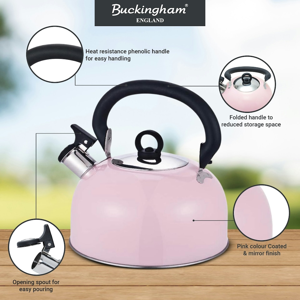 image 1 of Buckingham Stainless Steel Camping Whistling Kettle 2.5 Litre , Baby Pink