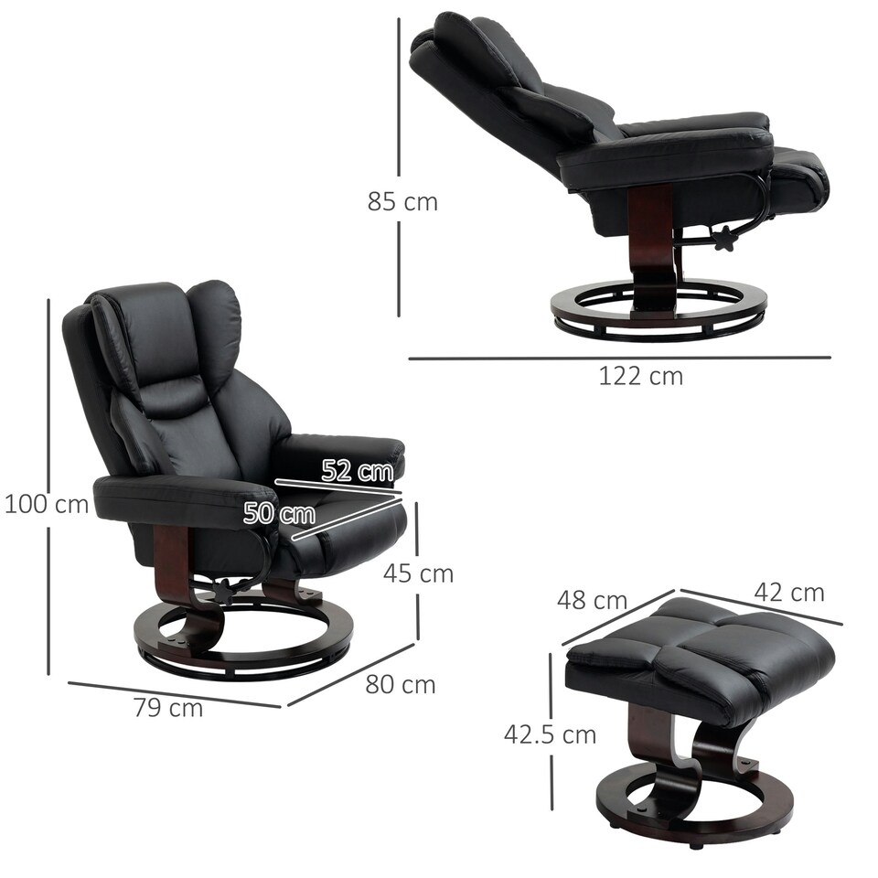 image 1 of HOMCOM PU Leather Manual Reclining Armchair Footstool Padded Seat Black