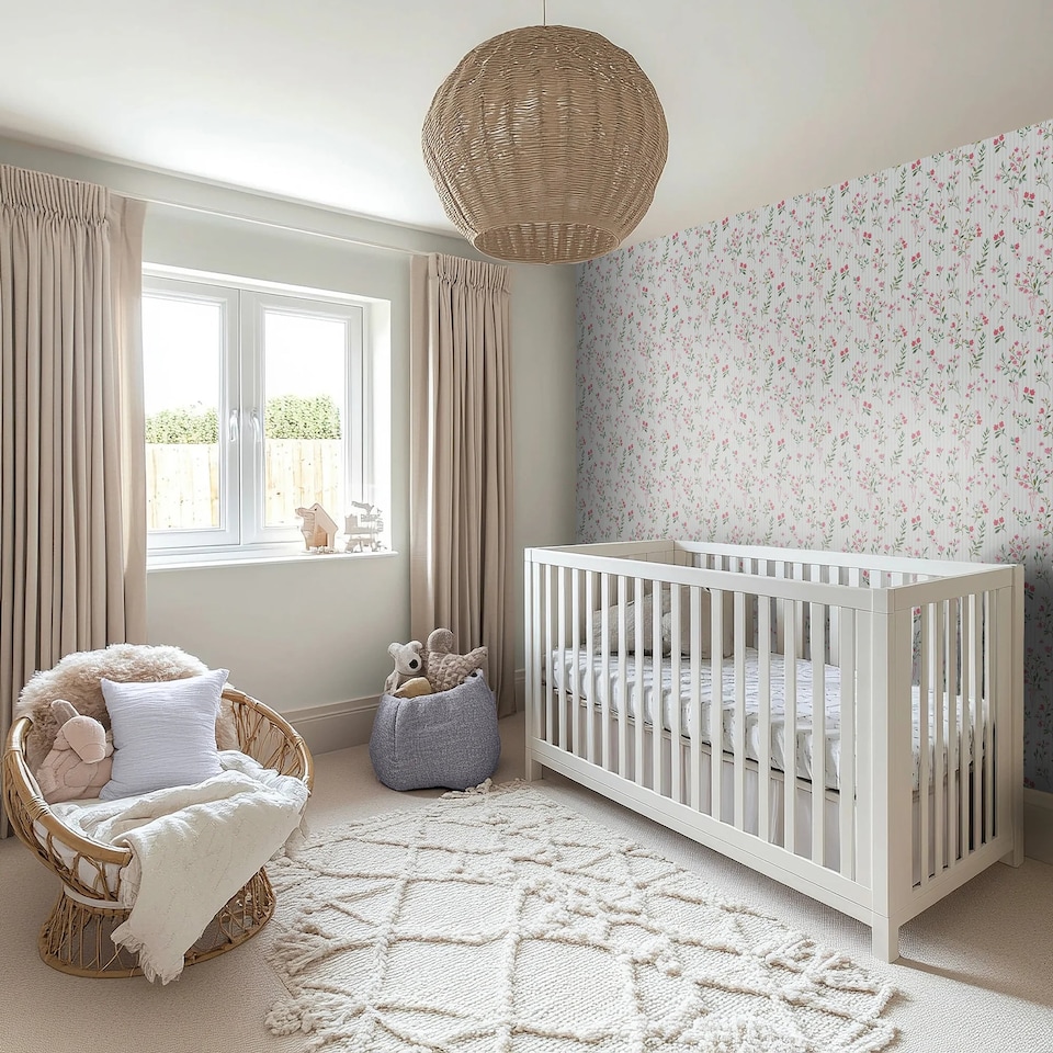 image 1 of Floral Pinstripe Wallpaper in Pink and Blue | Pink | Pink | 50cm x 10m