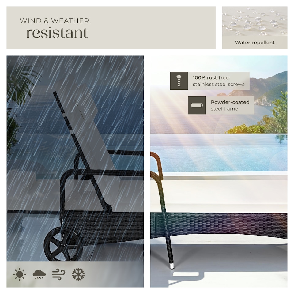 image 1 of Sun Lounger - 6-position backrest, weather and UV-resistant, soft pillow, two wheels | Black | black/beige | 1