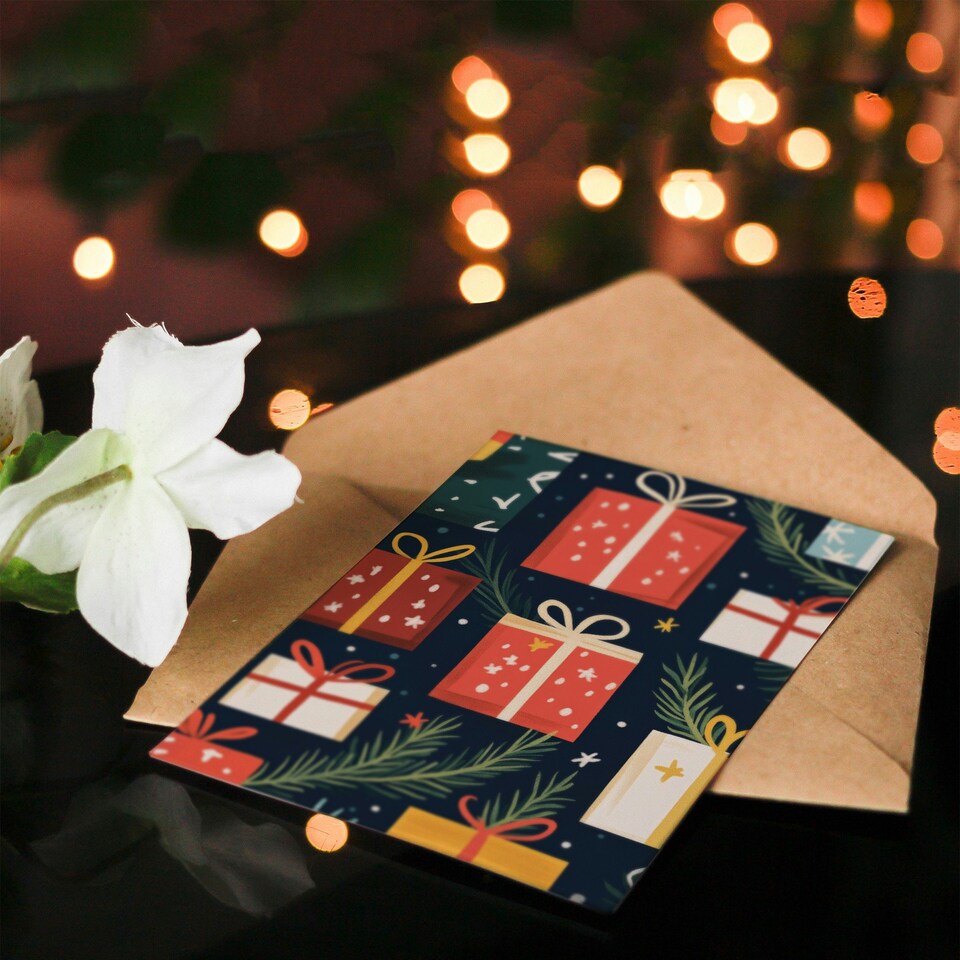 image 1 of Wrapped Gifts Present Pine Leaf Fun Xmas Art Blank Christmas Card