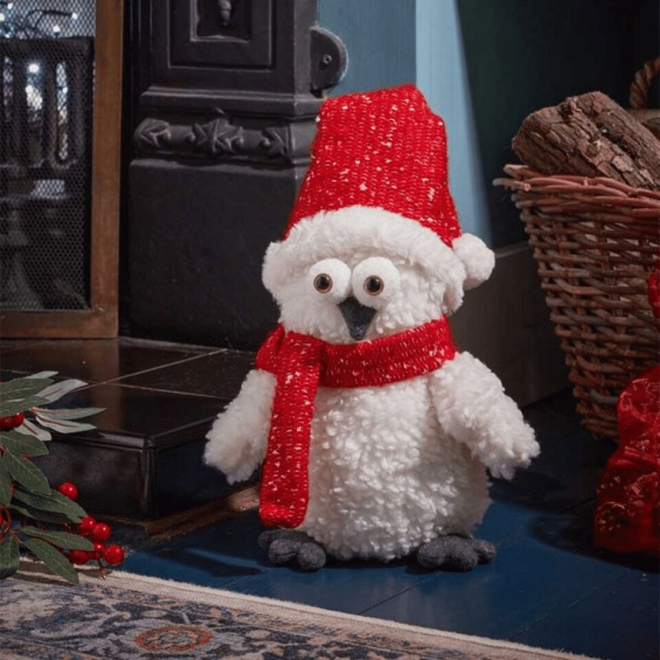 image 1 of 30cm Plush Christmas Goggle Owl Decoration with Santa Hat