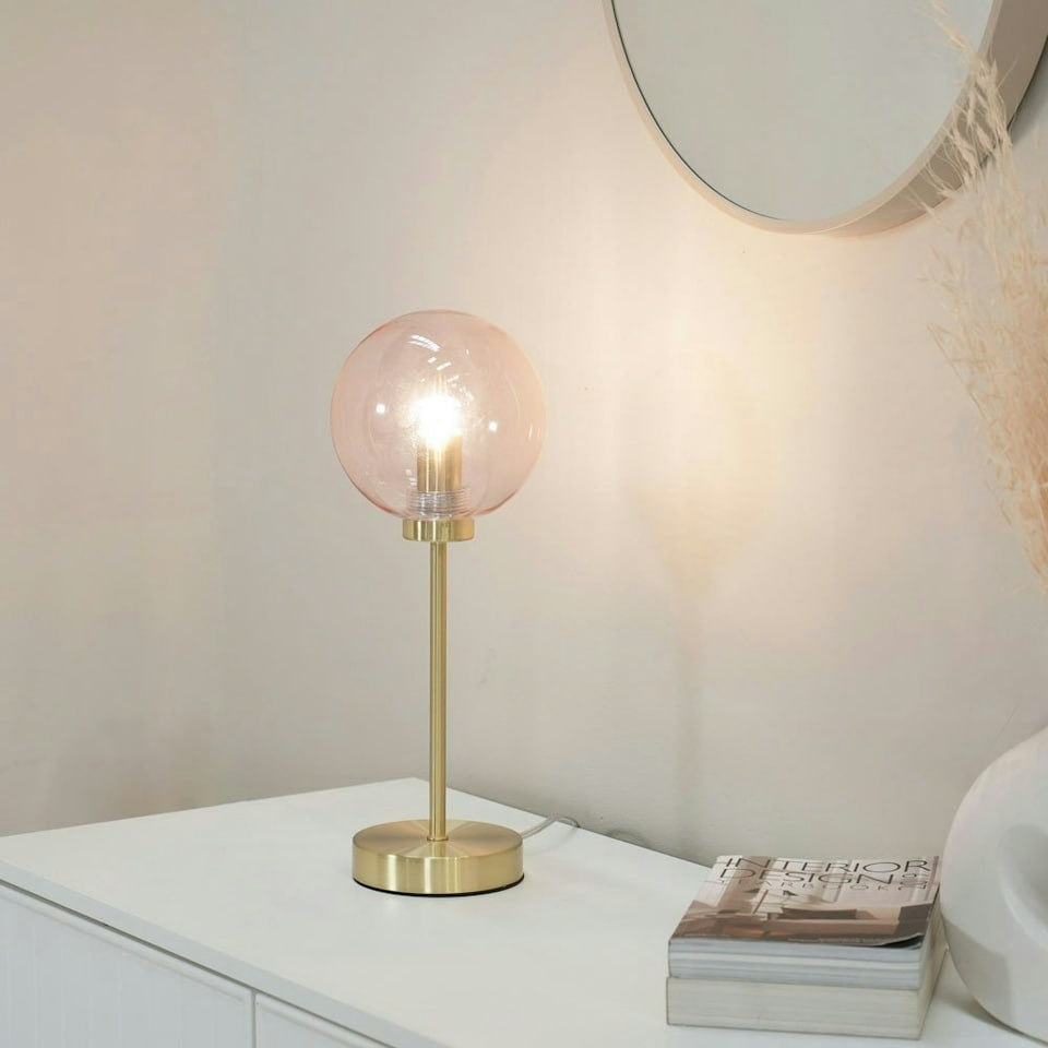 image 1 of ValueLights Frenchie Pink Tinted Glass Globe Gold Stem Table Lamp with LED Bulb