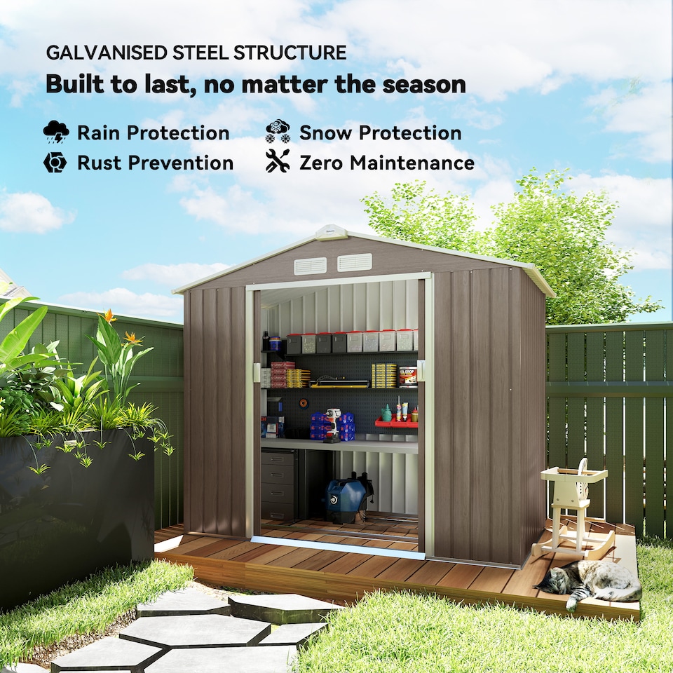 image 1 of Outsunny 7 x 4ft Metal Garden Shed, Outdoor Storage Tool House with Ventilation Slots, Foundation Kit and Lockable Double Doors, Light Brown