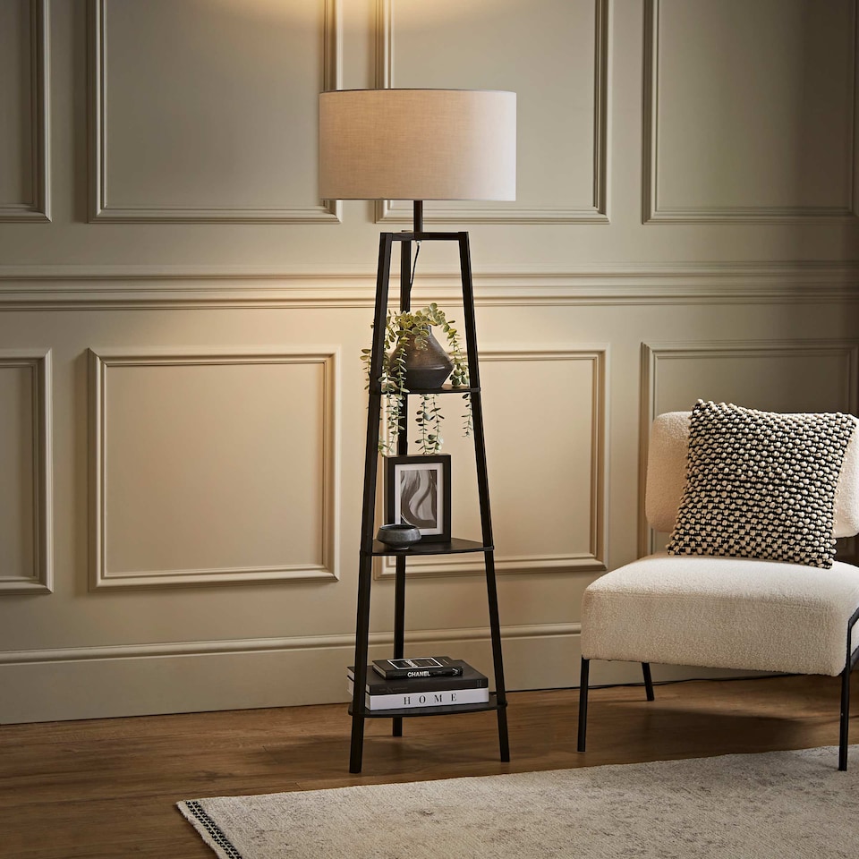 image 1 of ValueLights Hiru Black 3 Tier Shelf Floor Lamp Grey Shade & Bulb | Grey