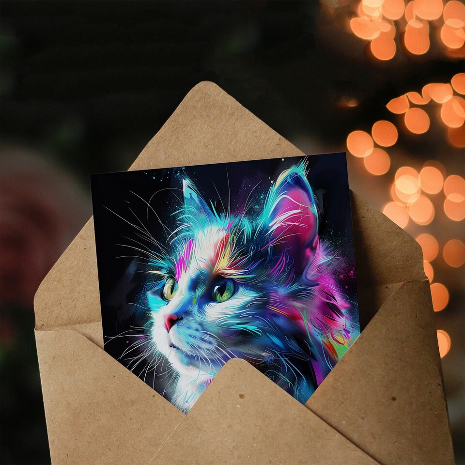 image 1 of Cat Lover Colourful Neon Kitty Portrait For Her Birthday Card