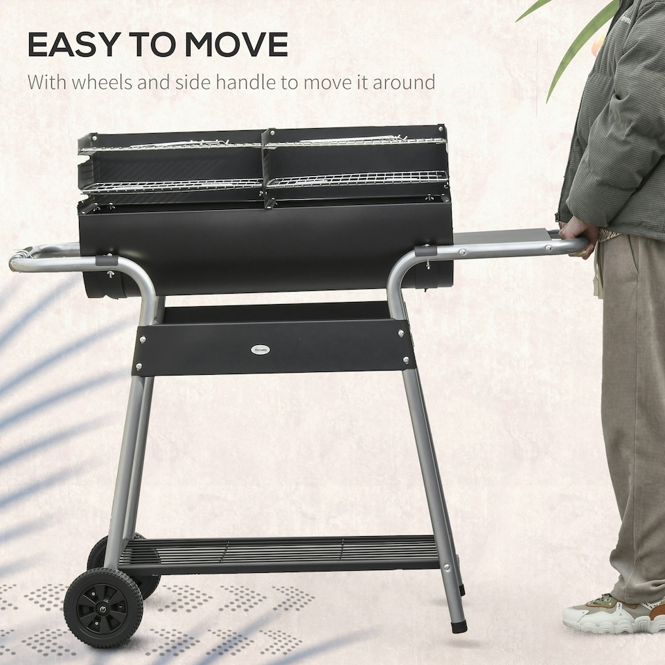 image 1 of Outsunny Charcoal BBQ Grill with Double Grill, Table, Storage Shelf and Wheels