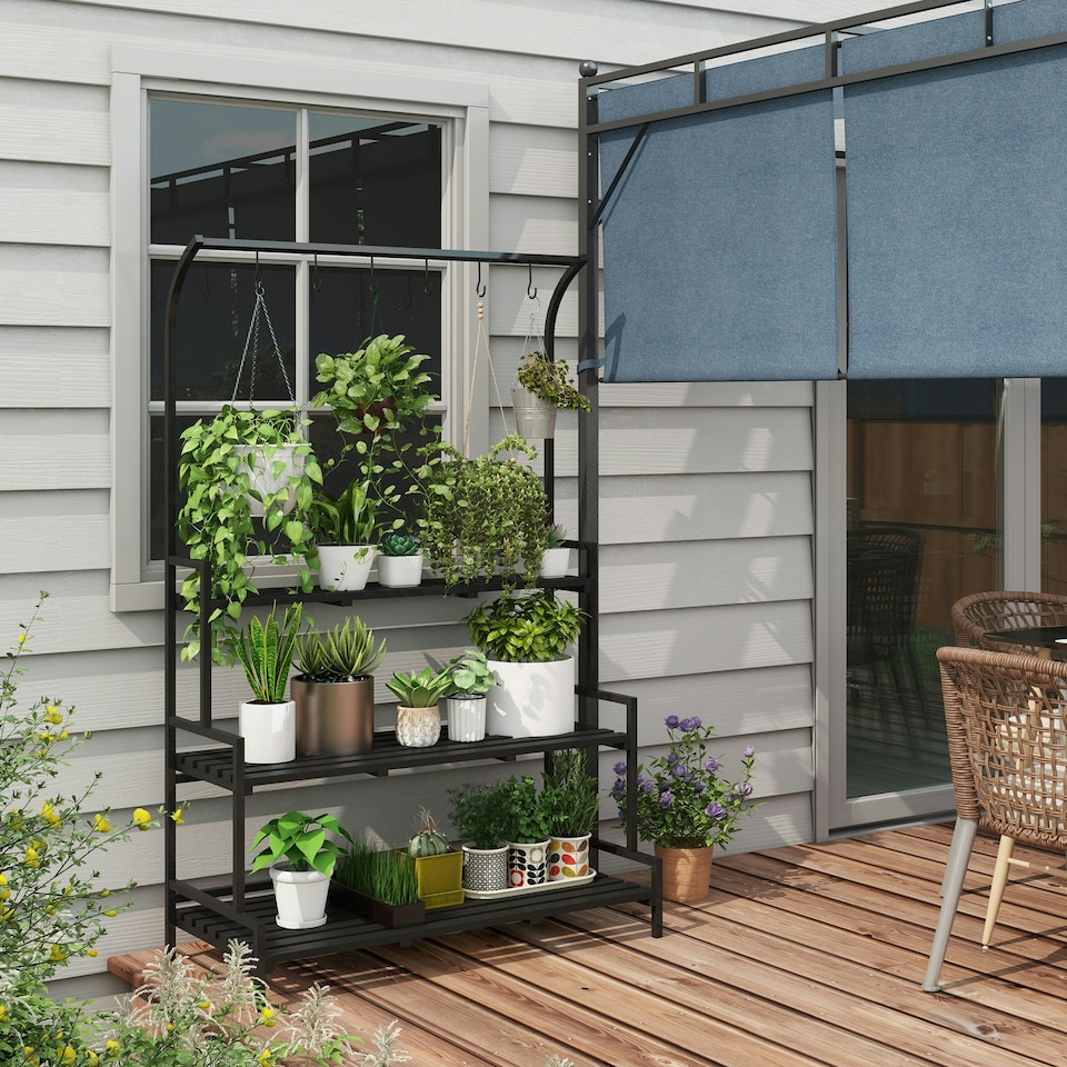 image 1 of Outsunny 3 Tiered Plant Rack Stand with Hanging Hooks for Indoor Outdoor Use
