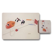 Set of 12 Placemats and Coasters with Designer Artwork and Wood Bottom