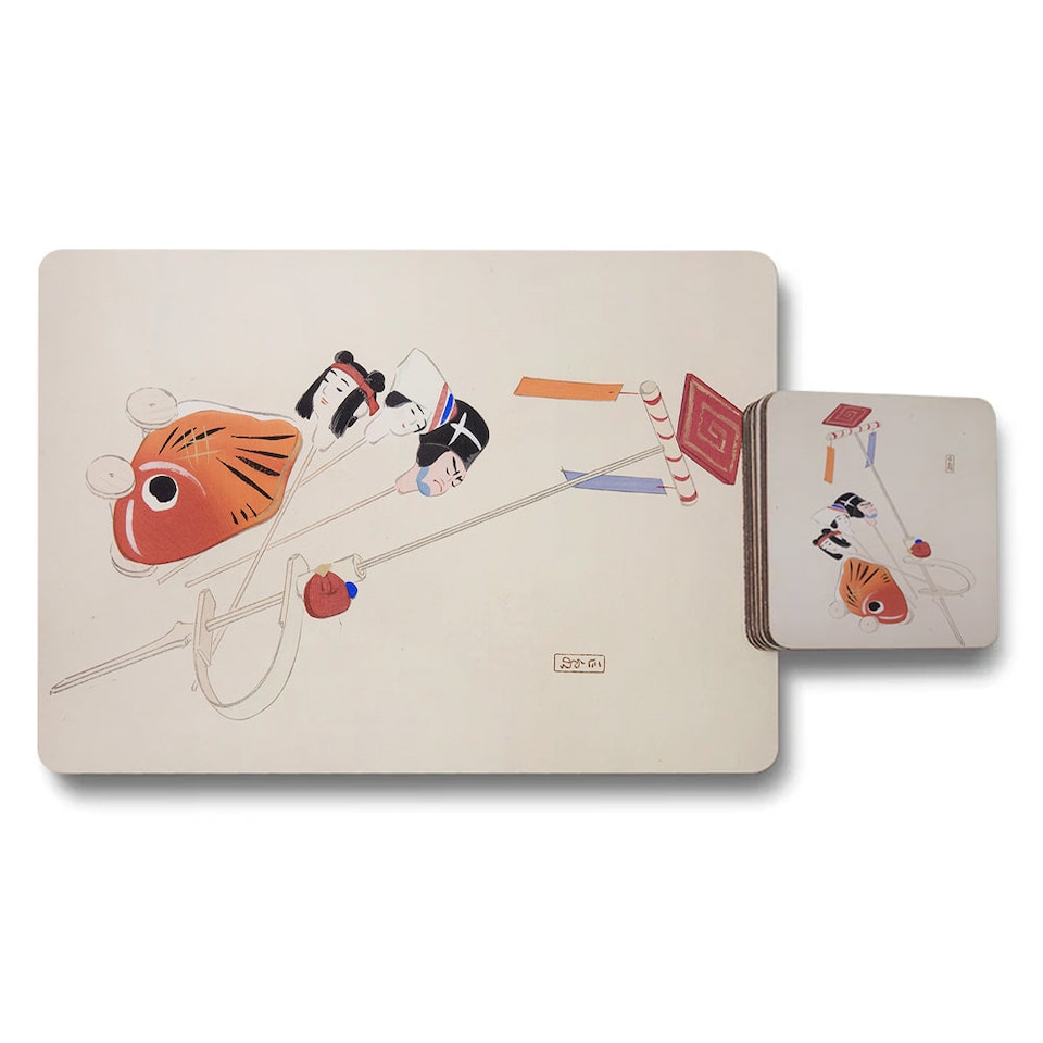 image 1 of Set of 12 Placemats and Coasters with Designer Artwork and Wood Bottom