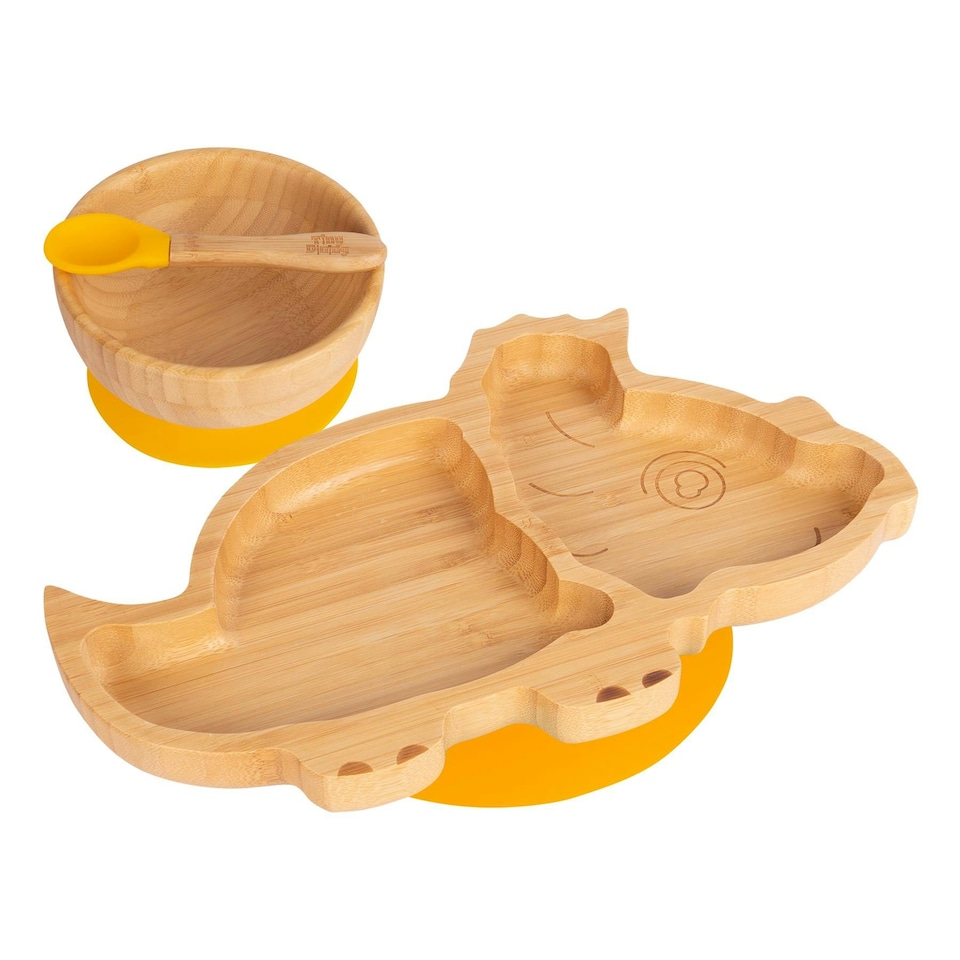 image 1 of Tiny Dining Children's Bamboo Suction Dinosaur Dinner Set - Yellow