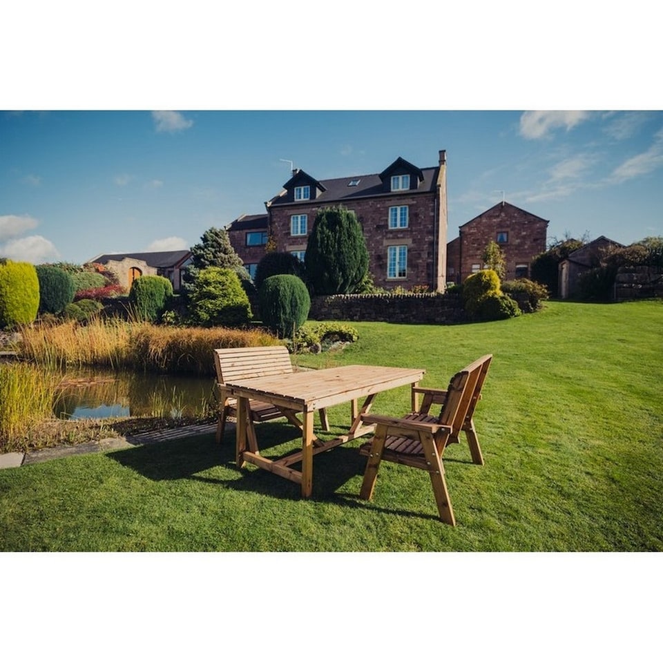 image 1 of Valley 4 Seat Set 2X2B Table - Timber - L99 x W113 x H95 cm - Minimal Assembly Required - Set of Waterproof Cushions Included