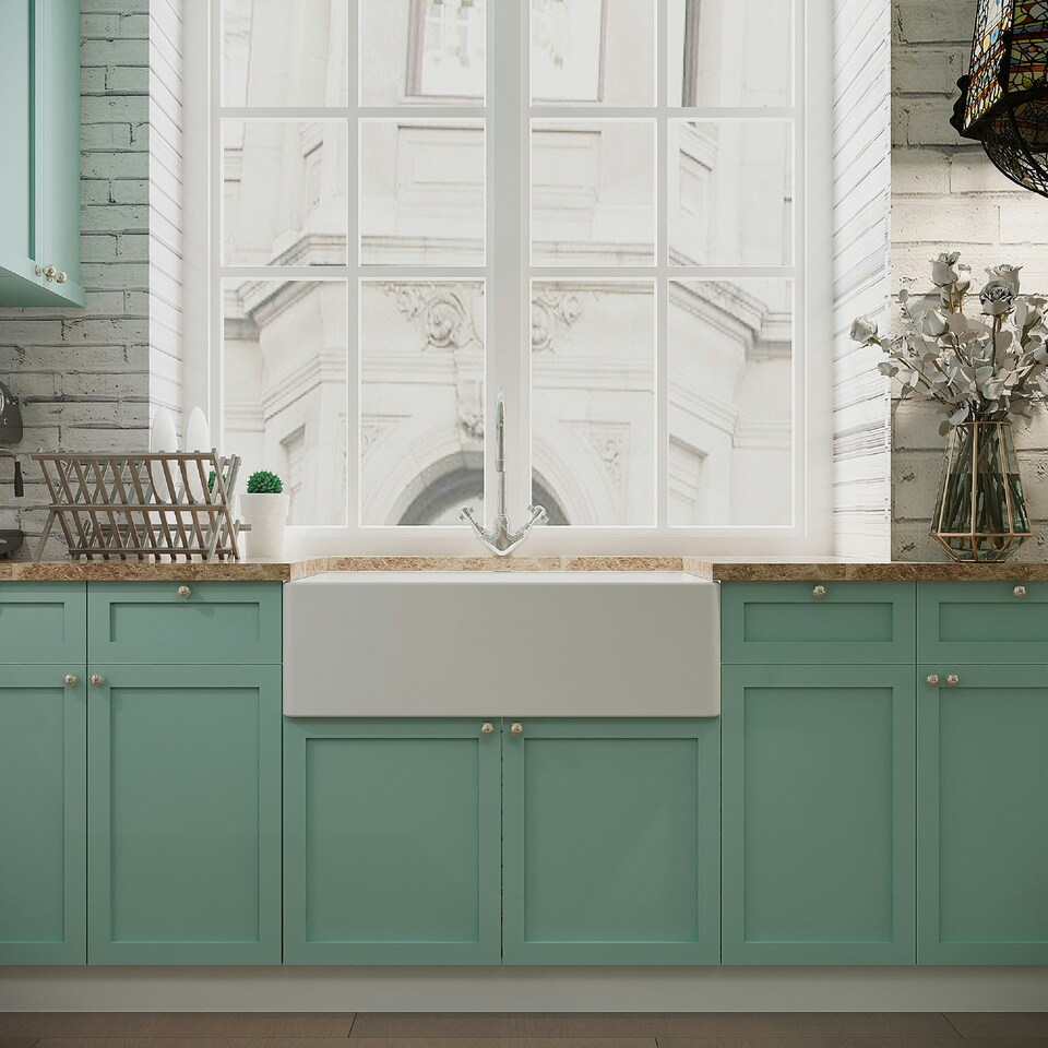 image 1 of Fireclay Belfast Kitchen Sink with Overflow, Mono Sink Mixer Tap & Waste, 795mm