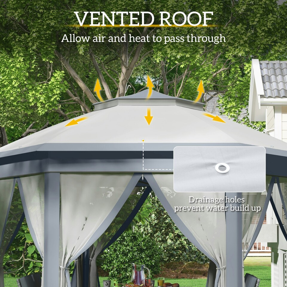 image 1 of Outsunny 3x4m Hexagon Gazebo w/ Mesh Curtains Outdoor Garden, Khaki