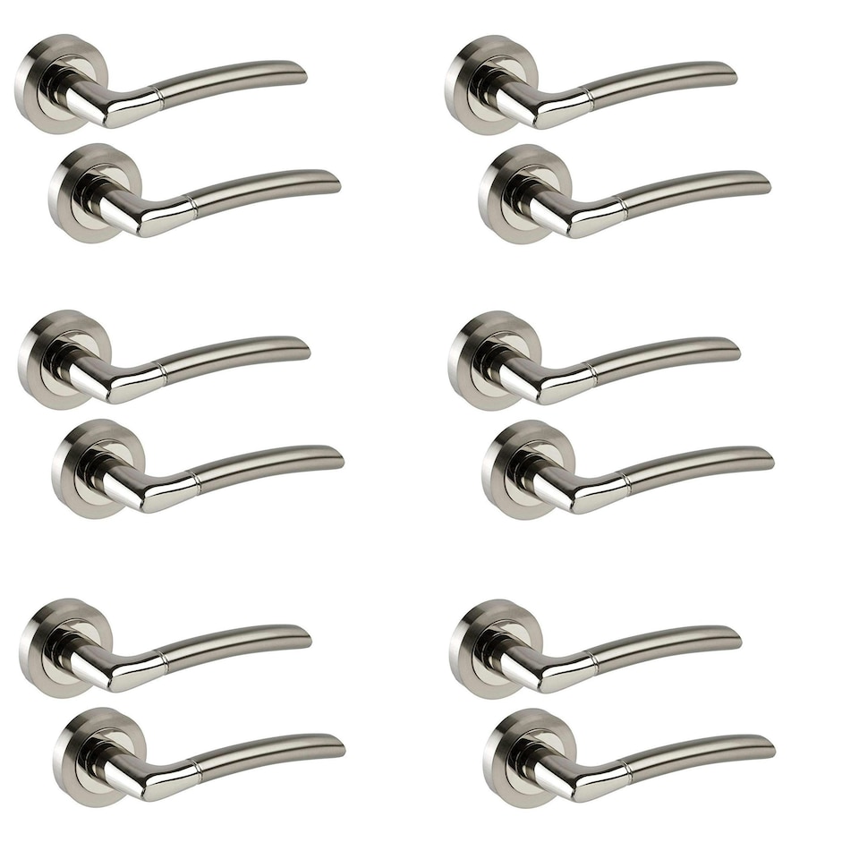 Golden Grace 6 Pairs GG606SSK Indiana Style Door Handles Lever Latch on Round Rose in Duo Chrome Finish | Grey | 6 Pairs