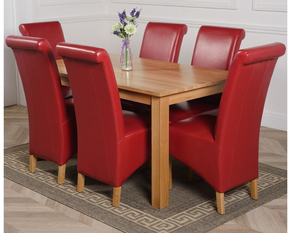 image 1 of Oslo 150 x 90 cm Medium Oak Dining Table and 6 Montana Leather Chairs | Red | Red