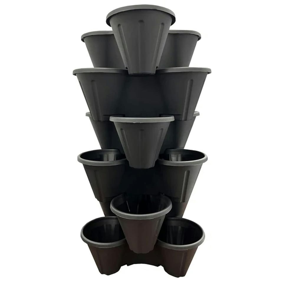 image 1 of 6 x Tri-Pot Stacking Strawberry Black Flower Herbs Vegetable Plant Pots For Home & Garden Black