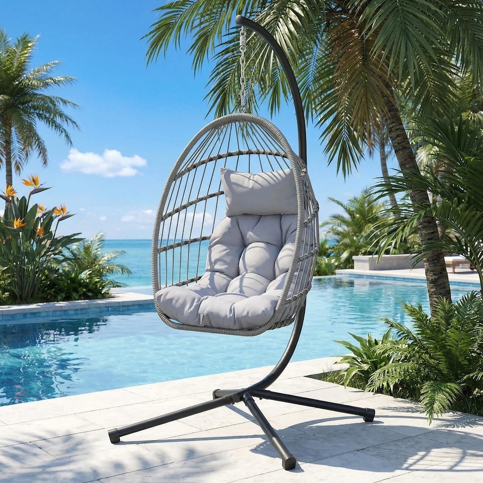 image 1 of Alivio Hanging Egg Chair with Cushion for Indoor and Outdoor Use, Swing Basket Chair for Patio, Garden, and Balcony (Grey)