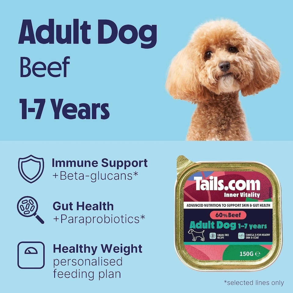 image 1 of 33 x 150g Tails.com Inner Vitality Grain-Free Adult Wet Dog Food Trays Beef