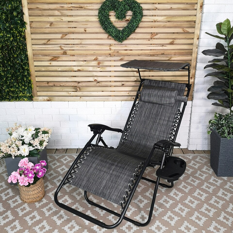 image 1 of Multi Position Garden Gravity Relaxer Chair Sun Lounger with Sun Canopy in Grey