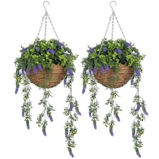 HOMCOM Set of 2 Decorative Artificial Plants, FauSilk Lavender Flowers in Hanging Baskets, Fake Plants for Home Indoor Outdoor Decor, Purple