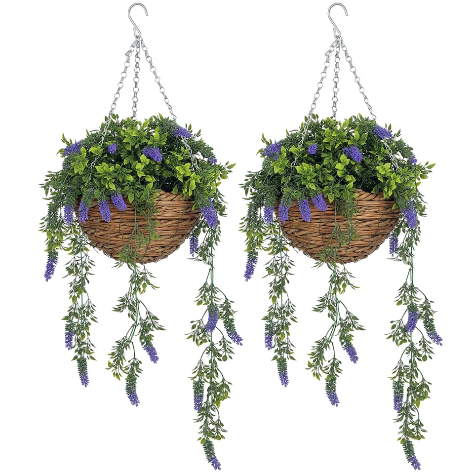 image 1 of HOMCOM Set of 2 Decorative Artificial Plants, FauSilk Lavender Flowers in Hanging Baskets, Fake Plants for Home Indoor Outdoor Decor, Purple