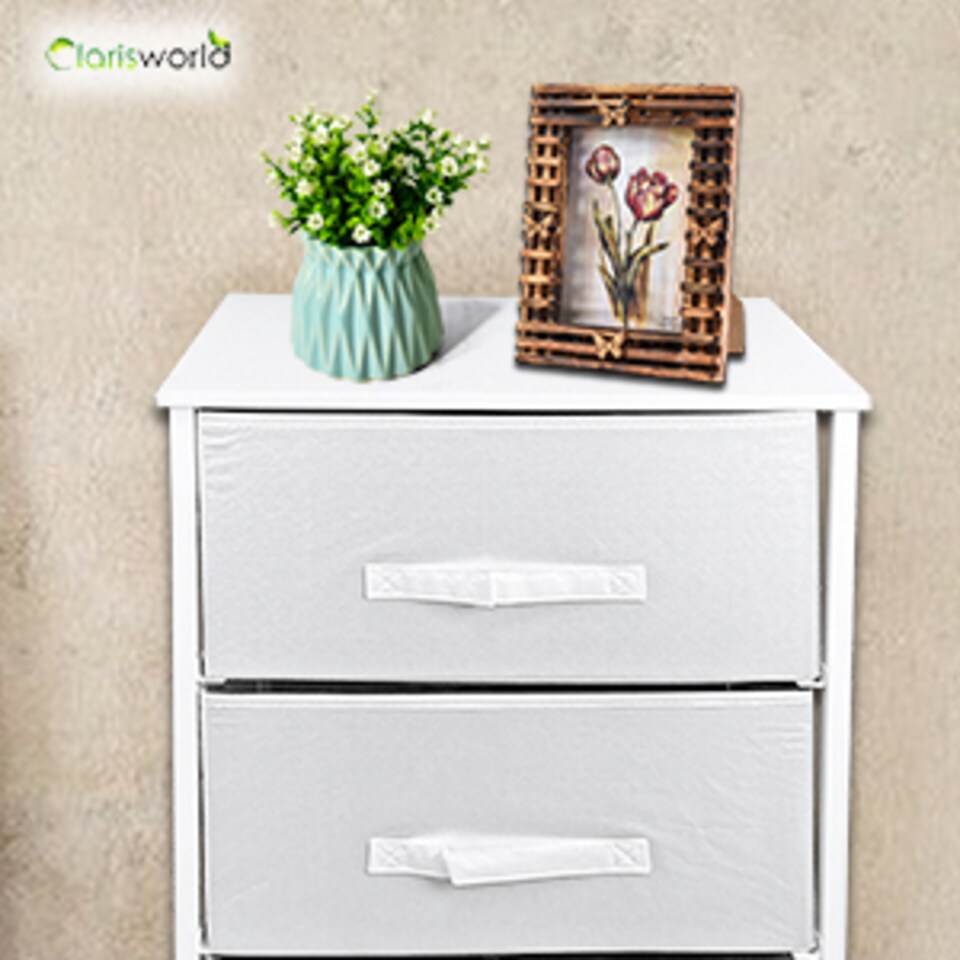 image 1 of Clarisworld 3 Drawer Storage Tower Dresser with Wood Top, Sturdy Steel Frame & Laminated Fabric Drawers, Storage Organiser Unit for Bedroom, Hallway, Entryway, Closet & Office